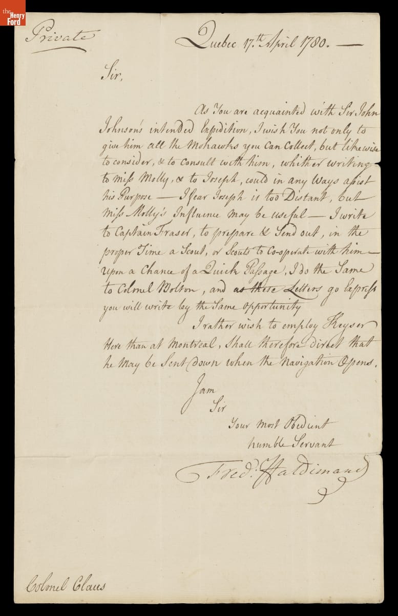 Letter from Frederick Haldimand to Daniel Claus, April 17, 1780