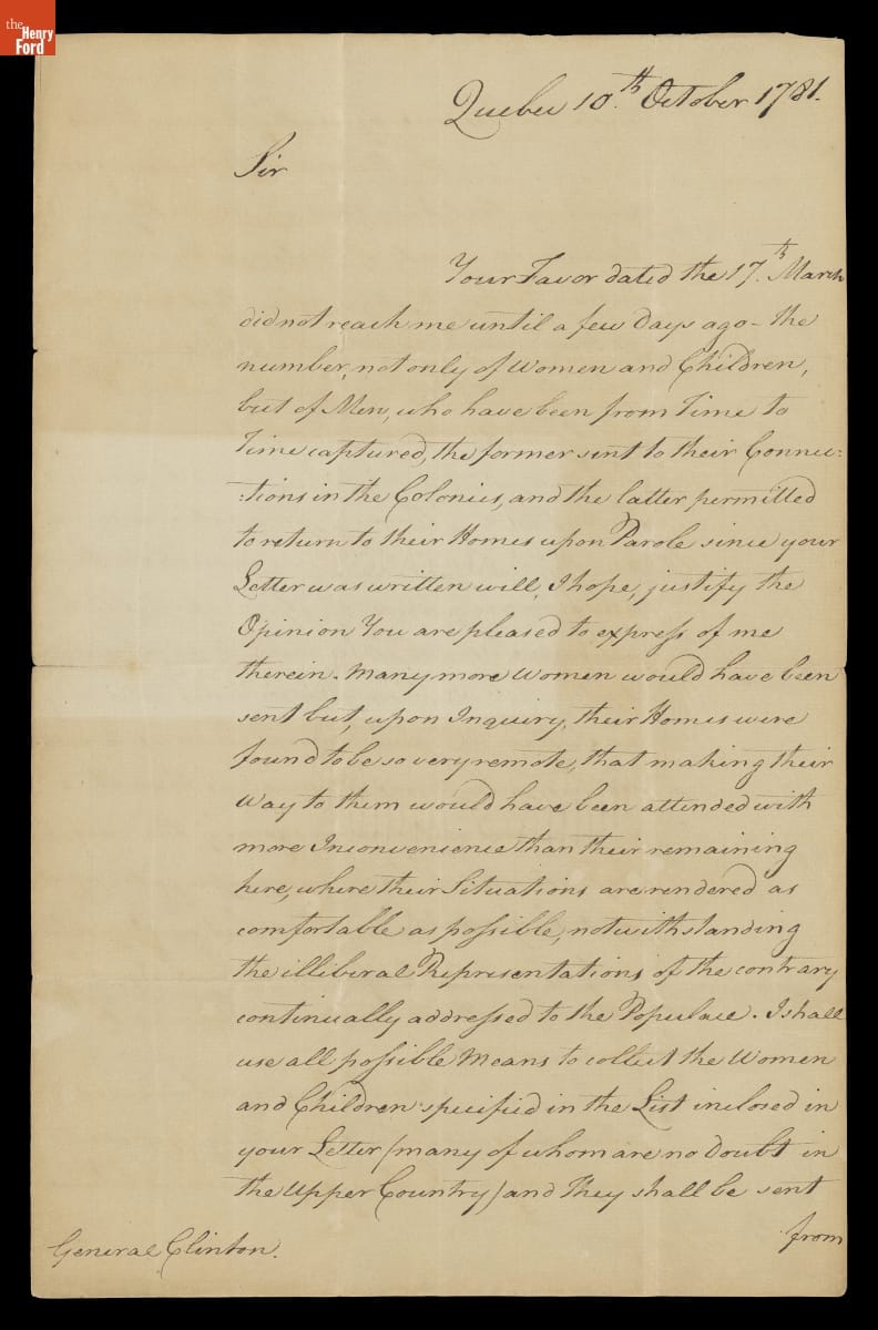Letter from Frederick Haldimand to George Clinton, October 10, 1781