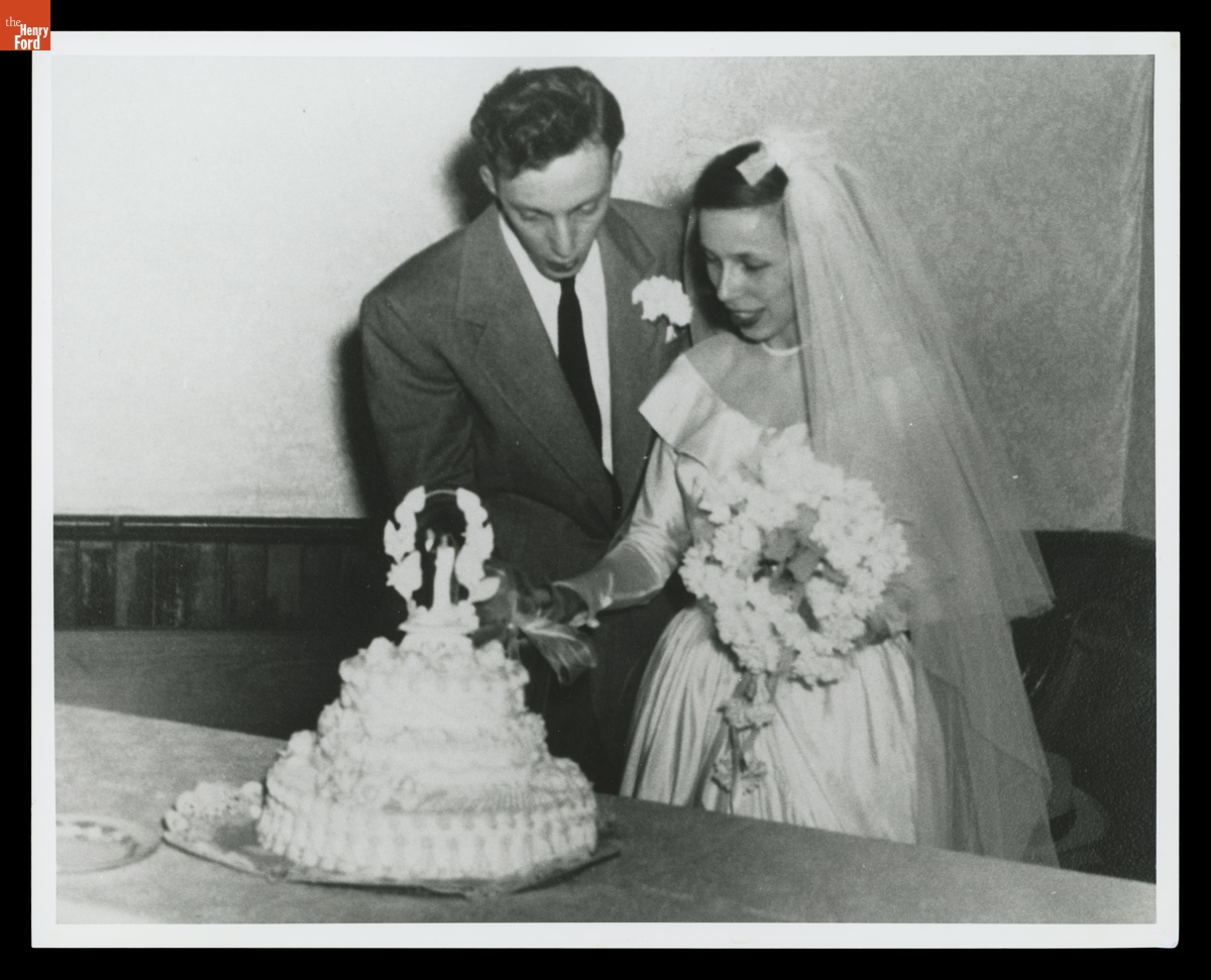 Ernest Gillard and Nancy Wauchek Cutting their Wedding Cake, April 19, 1947