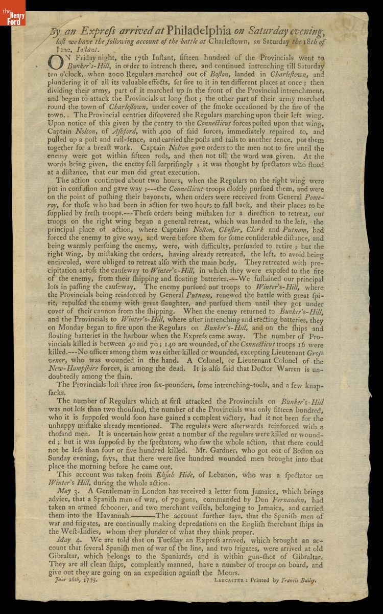 "By an Express Arrived…Saturday Evening, Last We Have the Following Account of the Battle at Charlestown," July 1775