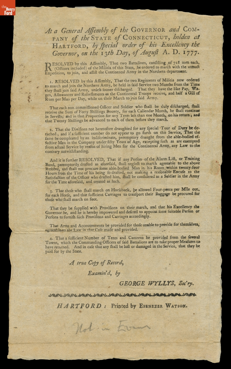 "At a General Assembly of the Governor and Company of the State of Connecticut...," August 13, 1777
