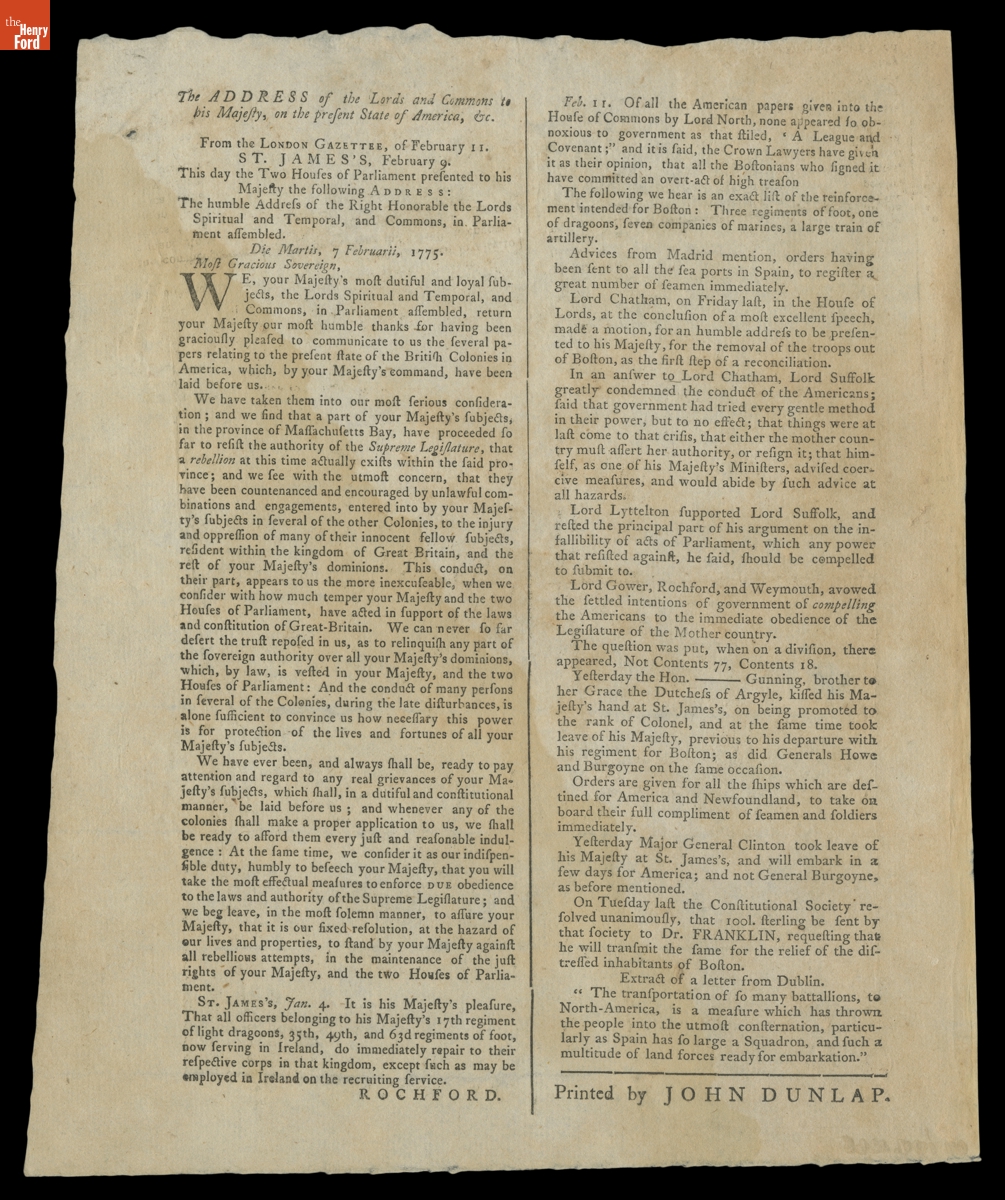 "The Address of the Lords and Commons to His Majesty on the Present State of America, &c..." February 11, 1775