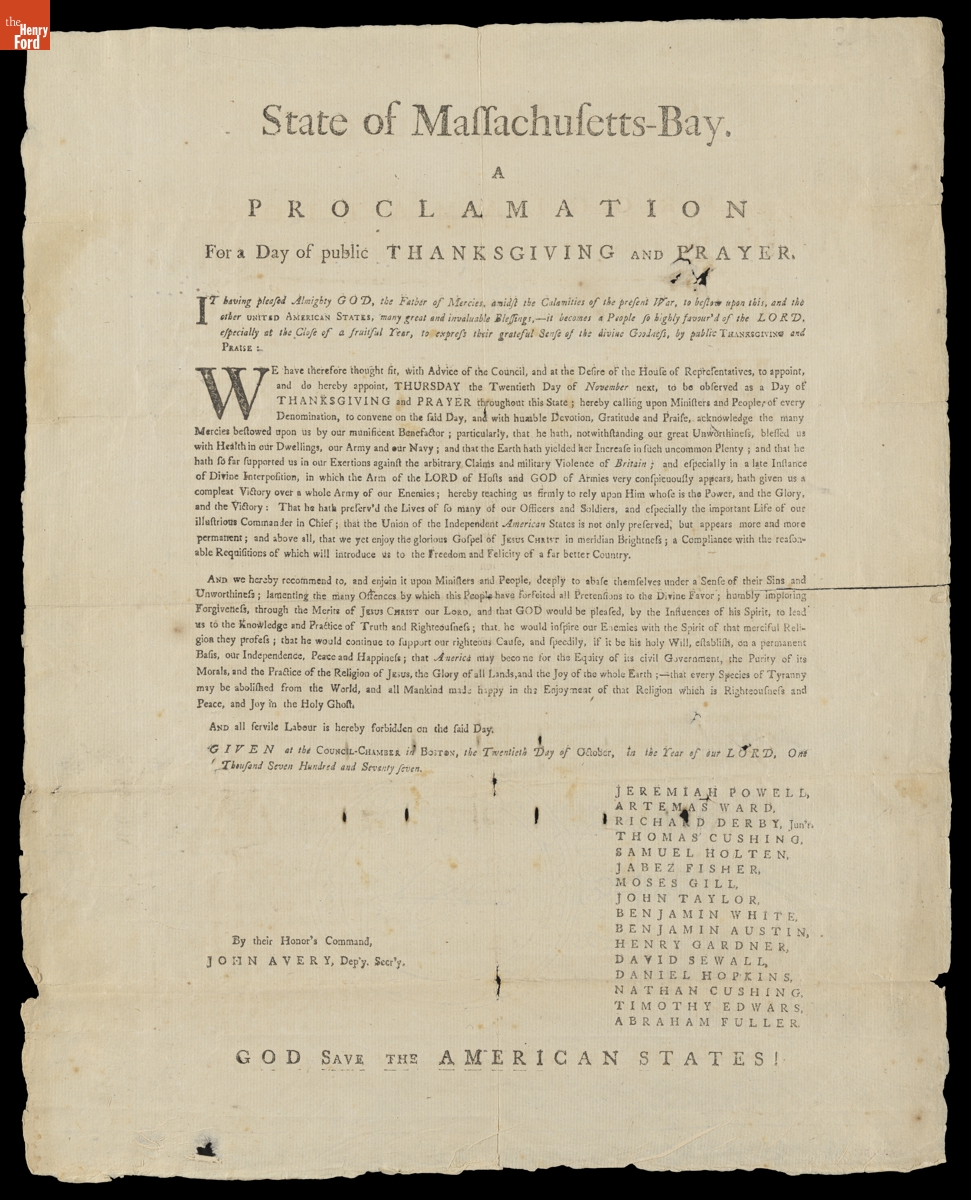 "State of Massachusetts-Bay. A Proclamation for a Day of Public Thanksgiving and Prayer," October 20, 1777