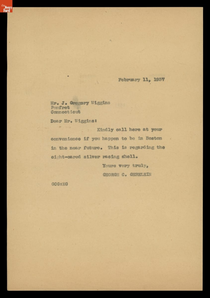 Letter from George C. Gebelein to J. Gregory Wiggins, February 11, 1937