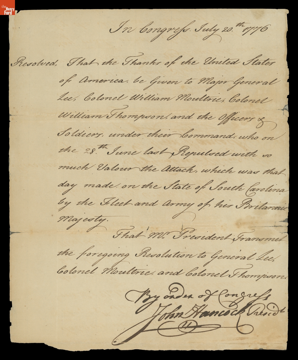Resolution Signed by John Hancock, President of the Continental Congress, July 20, 1776