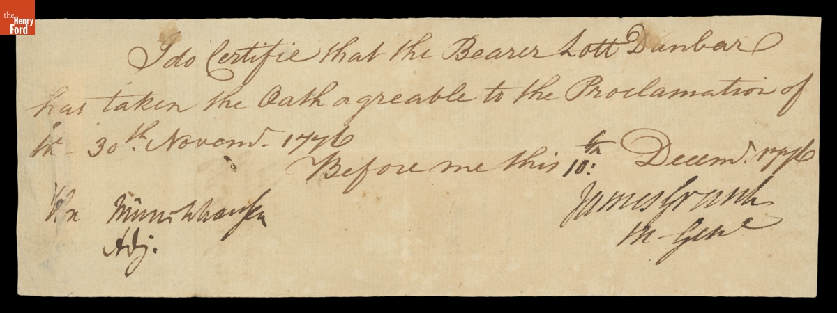 Document Stating Lott Dunbar Took an Oath of Loyalty to the British Governement, December  10, 1776