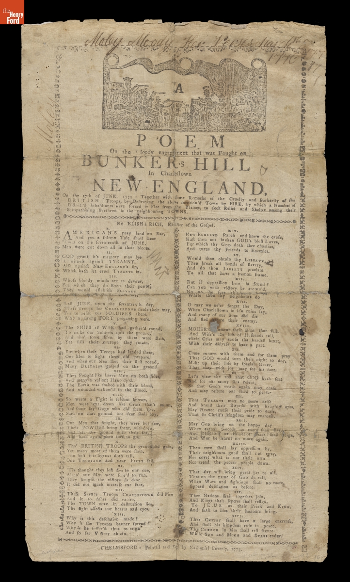 "Poem on the Bloody Engagement that Was Fought at Bunker Hill in Charlestown, New England," 1775