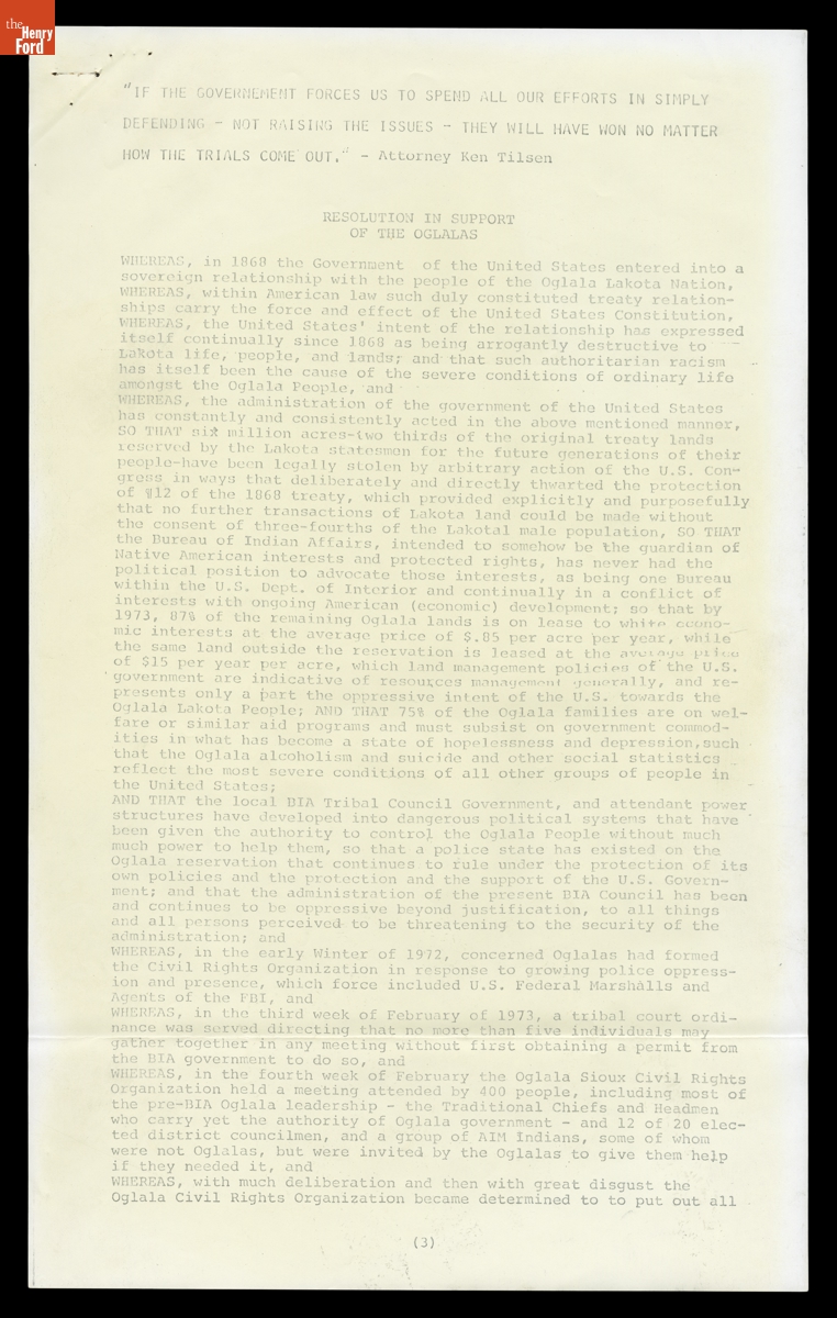 "Resolution in Support of the Oglalas," circa 1974
