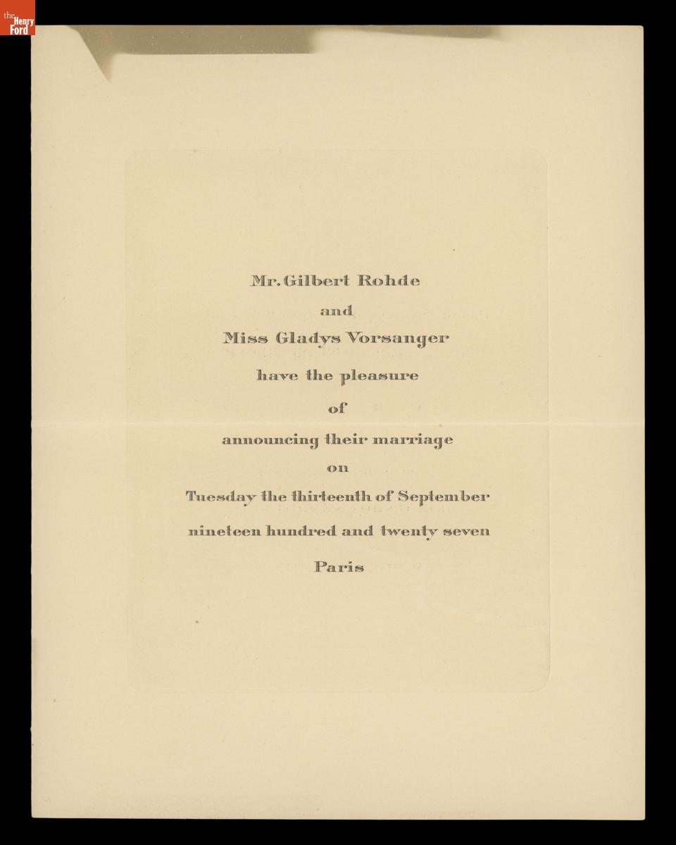 Announcement for the Wedding of Gilbert Rohde and Gladys Vorsanger, September 13, 1927