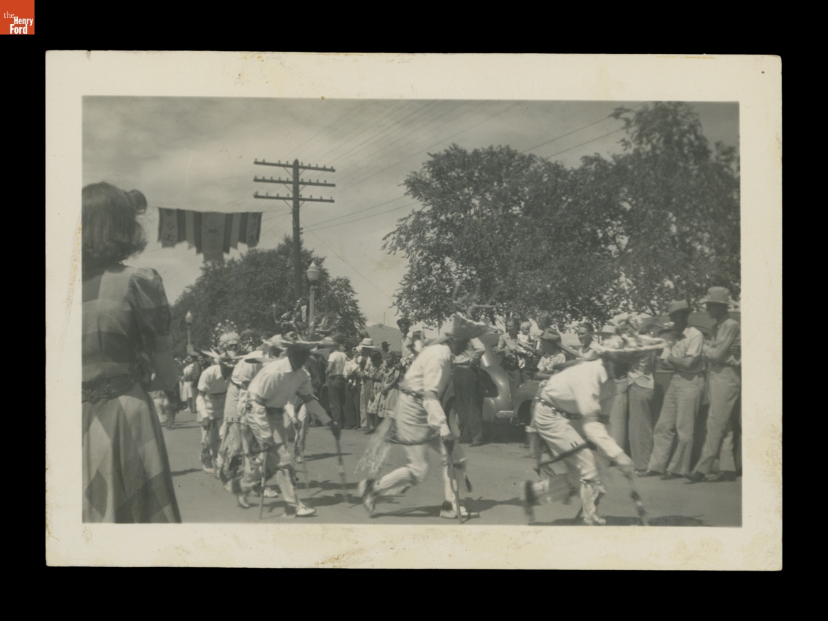 Indigenous People in Traditional Clothing Performing in a Parade Likely Part of the Gallup Inter-Tribal Ceremonial, 1941