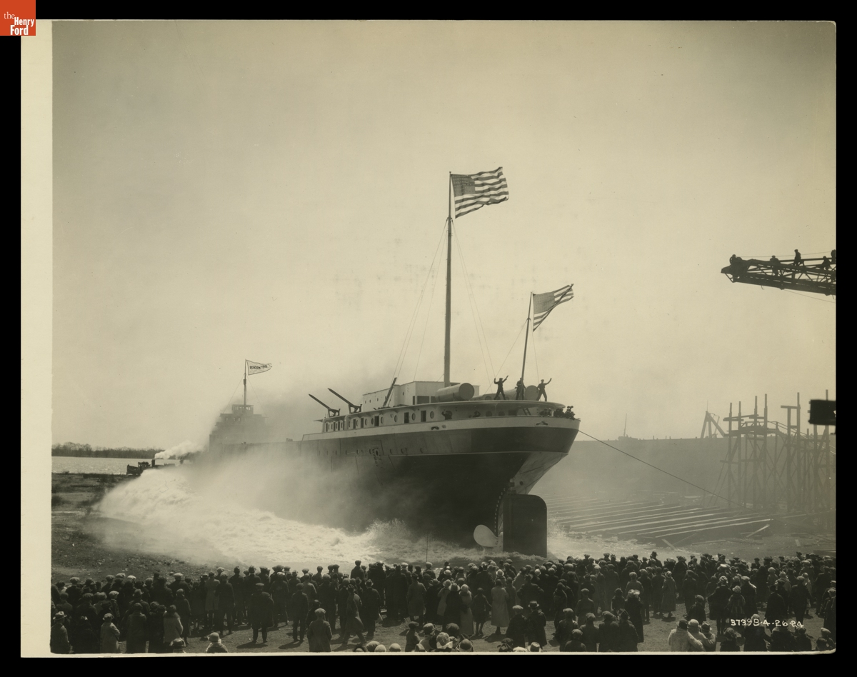 Launch of the Benson Ford Freighter as it Hits the Water, April 26, 1924