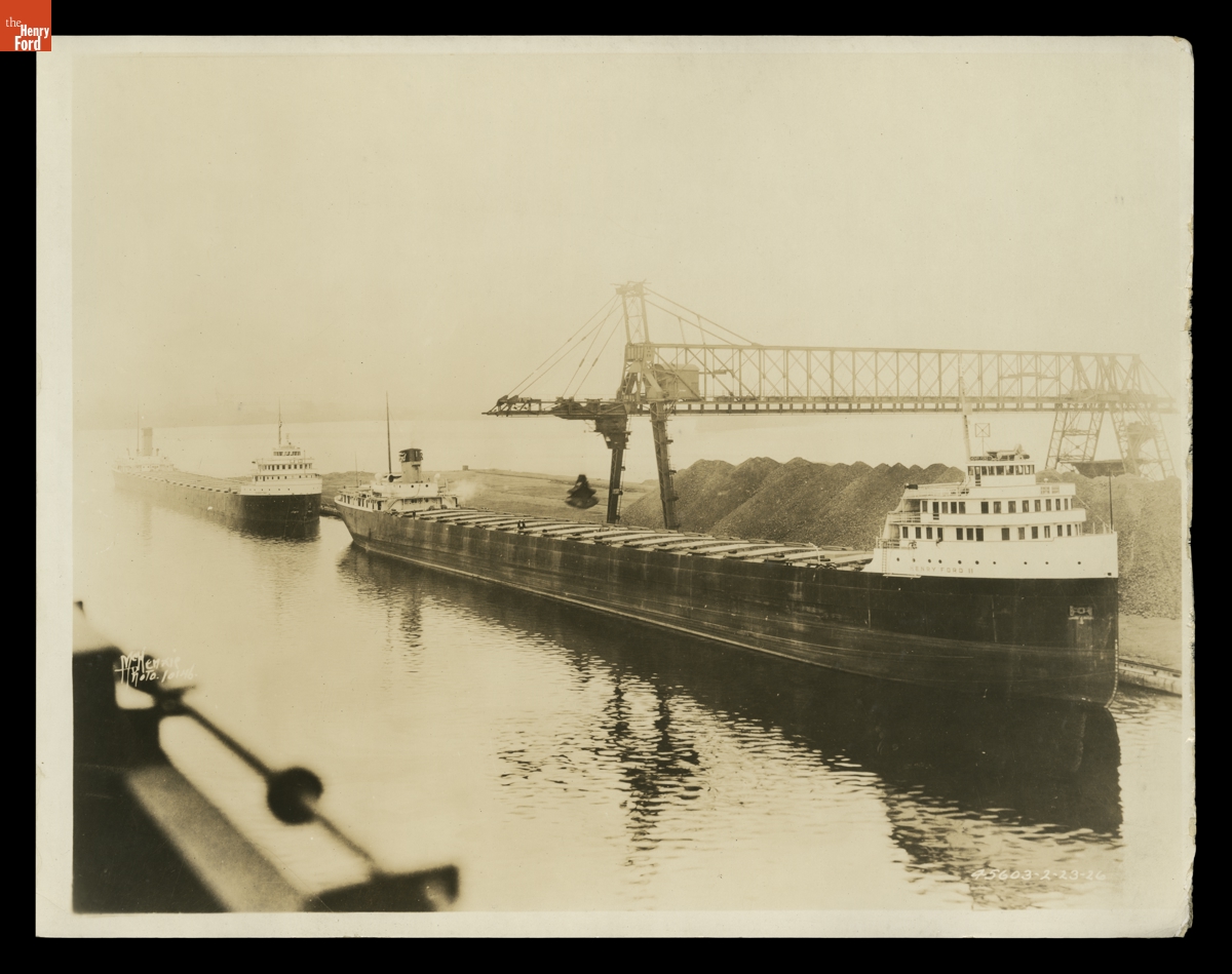 Freighters Benson Ford and Henry Ford II Docked at the Rouge River Plant to Deliver Iron Ore, February 23, 1926