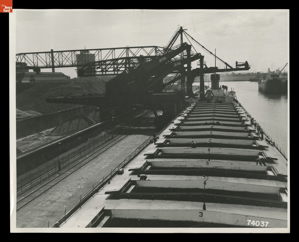 Dual Unloader Removing Limestone from the Henry Ford II Freighter at the Ford Rouge Plant, July 30, 1940