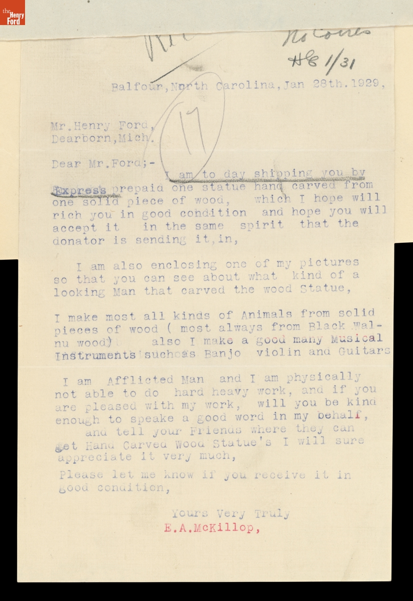 Correspondence between Edgar McKillop and the Office of Henry Ford, January 28, 1929-February 11, 1929