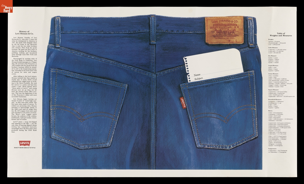 "History of Levi Strauss & Co./ Table of Weights and Measures," Poster, circa 1980