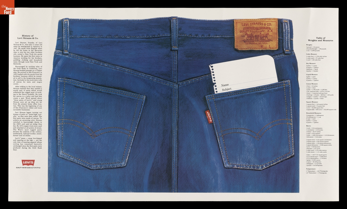 "History of Levi Strauss & Co./ Table of Weights and Measures," Poster, circa 1980