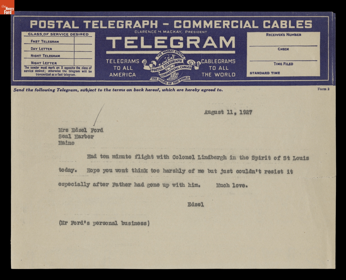 Telegram from Edsel Ford, Telling of Flying with Charles Lindbergh in "Spirit of St. Louis," August 11, 1927