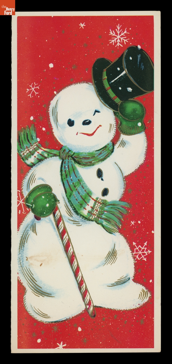 Snowman with Candy Cane, Christmas Card, circa 1965