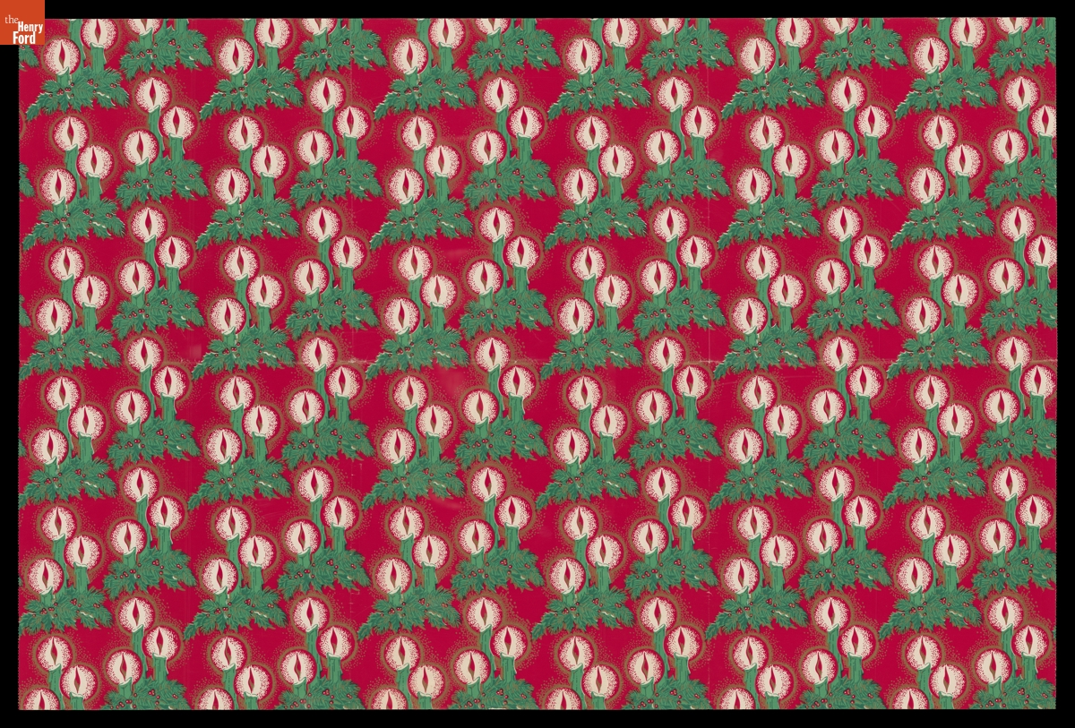 Candles and Holly Wreaths Christmas Wrapping Paper, 1960-1965