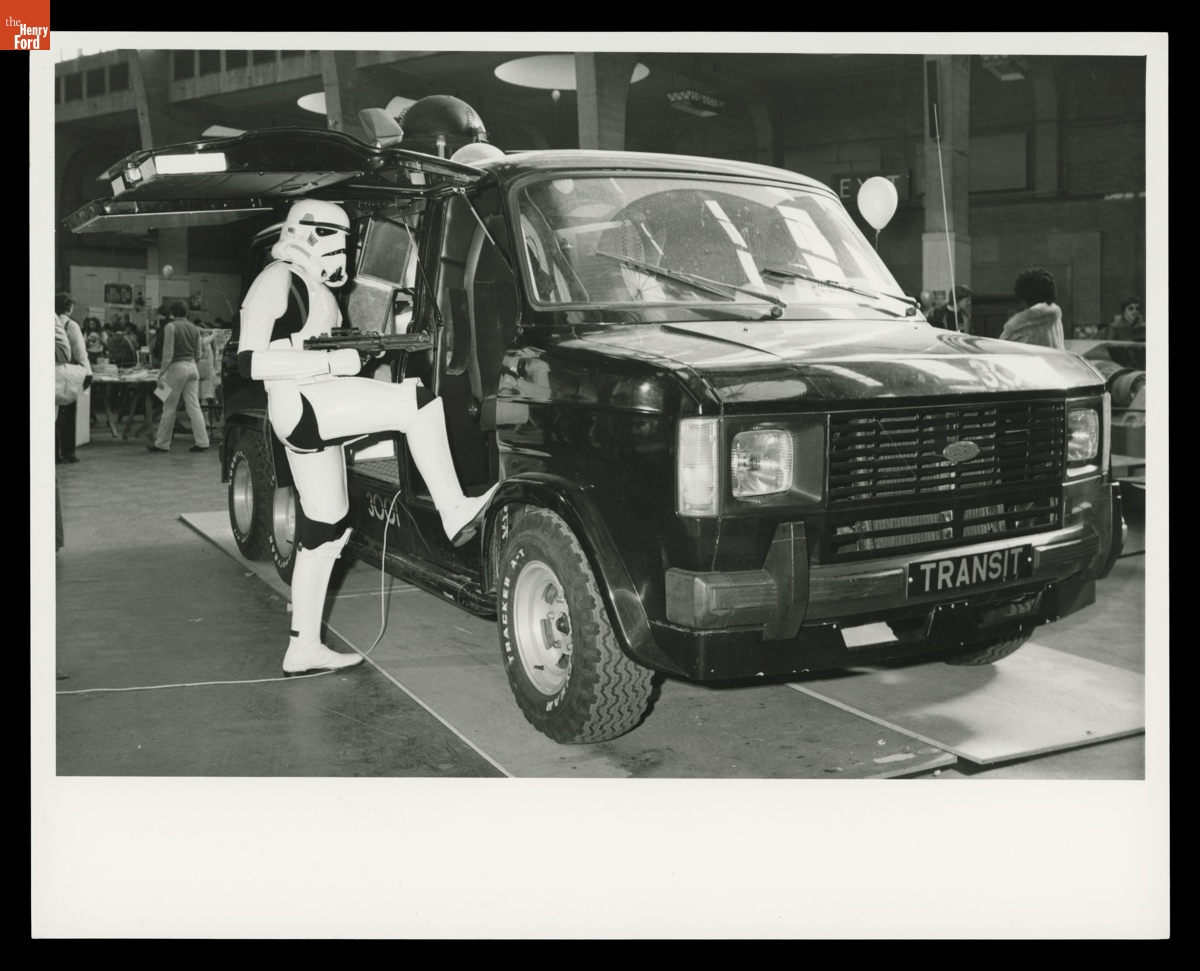 A Star Wars Stormtrooper Posing with "3001" Ford Transit Crusing Van, 1979-1980