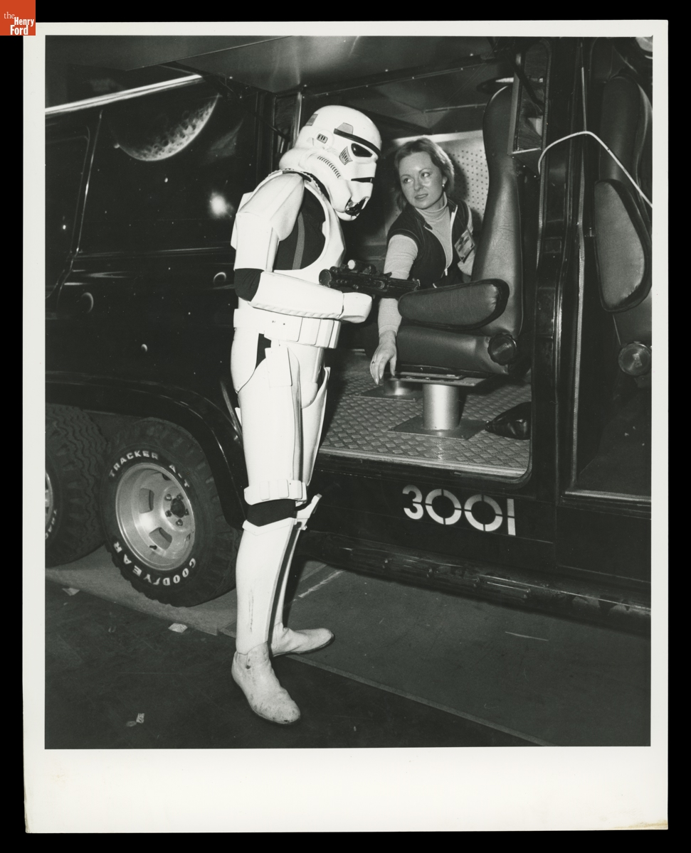 A Star Wars Stormtrooper Posing with "3001" Ford Transit Crusing Van, 1979-1980