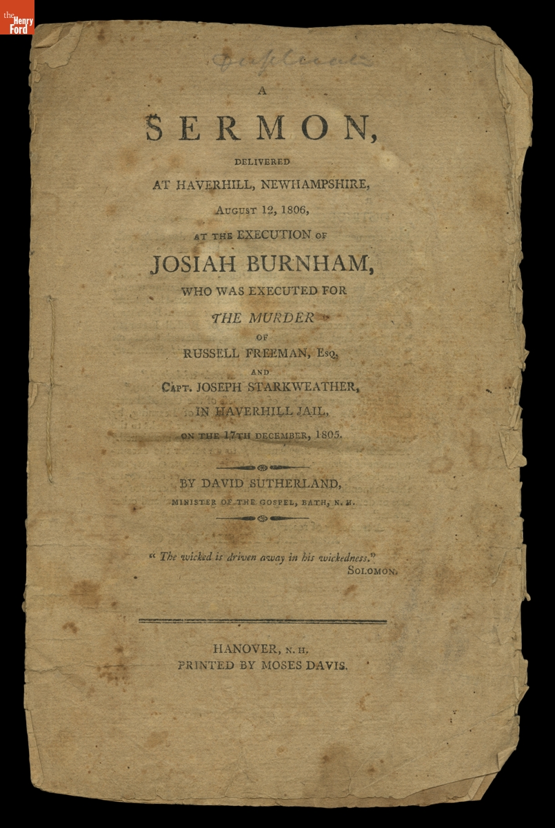 "A Sermon: Delivered at Haverhill, Newhampshire, August 12, 1806, at the Execution of Josiah Burnham"