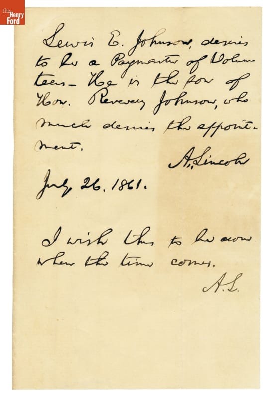Memorandum from President Abraham Lincoln, Making Lewis E. Johnson Paymaster of Volunteers, 1861