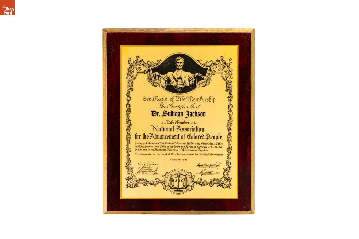 NAACP Life Membership Plaque Presented to Sullivan Jackson, 1973