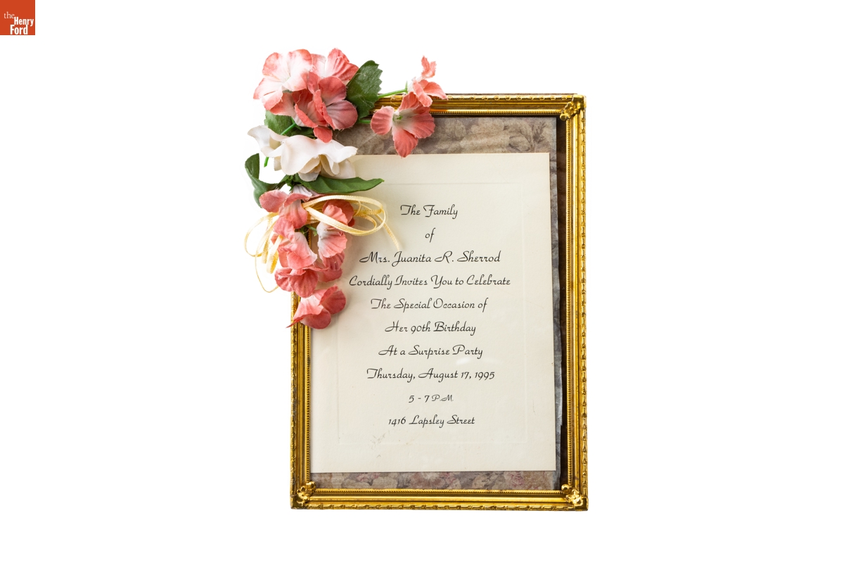 Framed Invitation to Juanita Richardson Sherrod's Surprise 90th Birthday, 1995