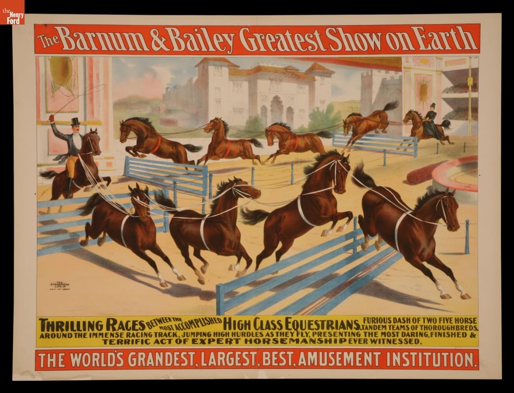 Circus Poster, Barnum and Bailey Present "Thrilling Races Between Most Accomplished High Class Equestrians," circa 1890