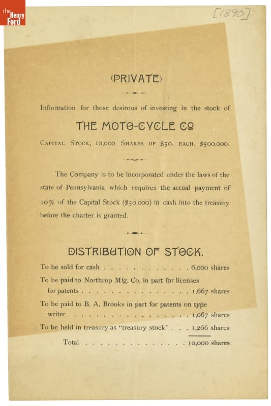 Leaflet Inviting People to Invest in Moto-Cycle Company Stock, 1890