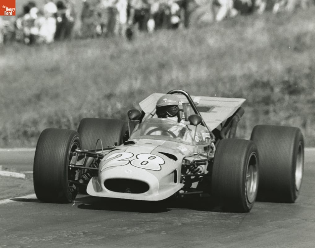 Crocky Peterson in Number 28 Race Car at Sears Point International Raceway, Sonoma, California, 1970