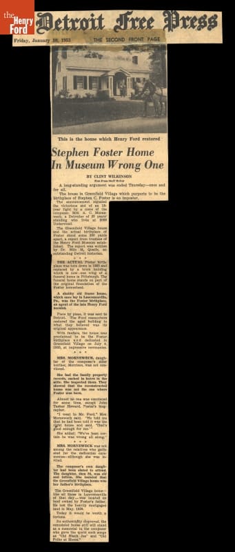 Detroit Free Press Article from January 30, 1953, "Stephen Foster Home in Museum Wrong One"