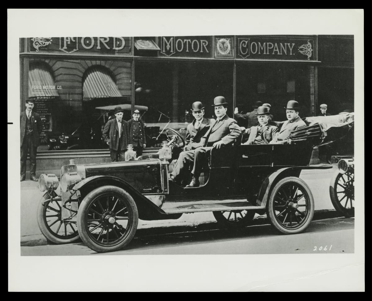 Henry Ford, James Couzens, Elwood Rice, and Gaston Plantiff in Ford Model K Car, New York City, 1907