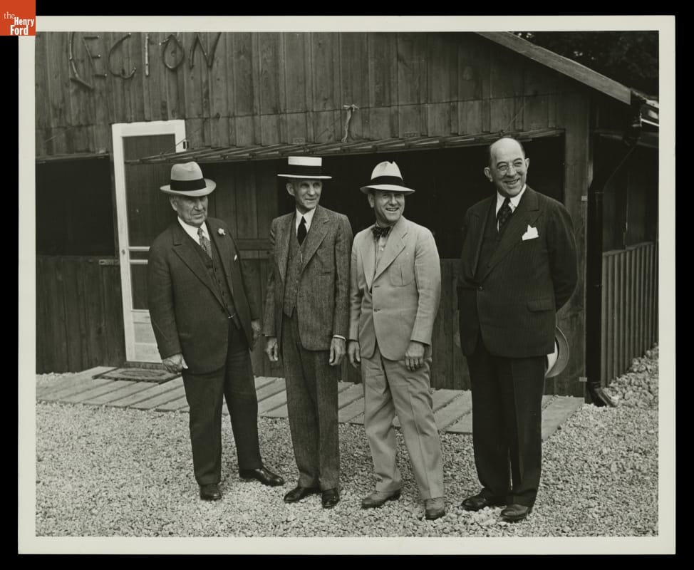 Henry Ford, Harry Bennett and Malcolm Bingay at Camp Legion, Dearborn, Michigan, 1938