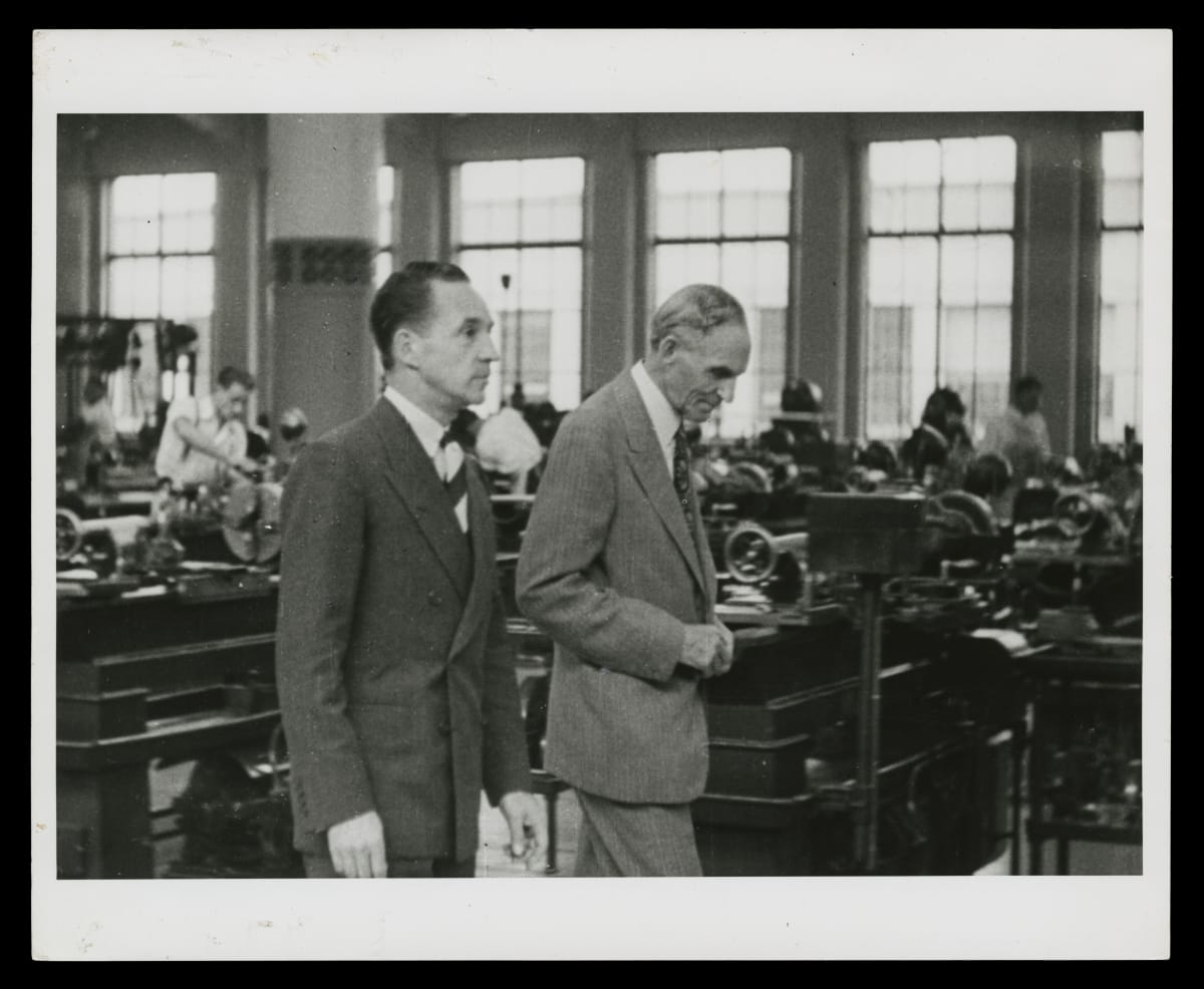 Edsel Ford and Henry Ford at Dearborn Engineering Laboratory, Dearborn, Michigan, circa 1935