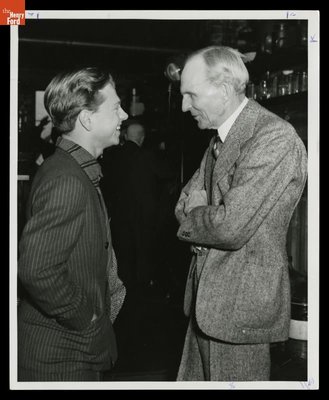 Mickey Rooney and Henry Ford at Menlo Park Laboratory, Greenfield Village, 1940