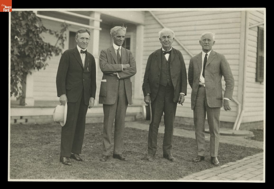 Harvey Firestone, Henry Ford, Thomas Edison and E.G. Kingsford, Ford Homestead, Dearborn, Michigan, 1923
